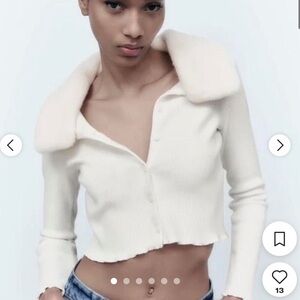 Zara white faux fur collar ribbed knit button cardigan size M